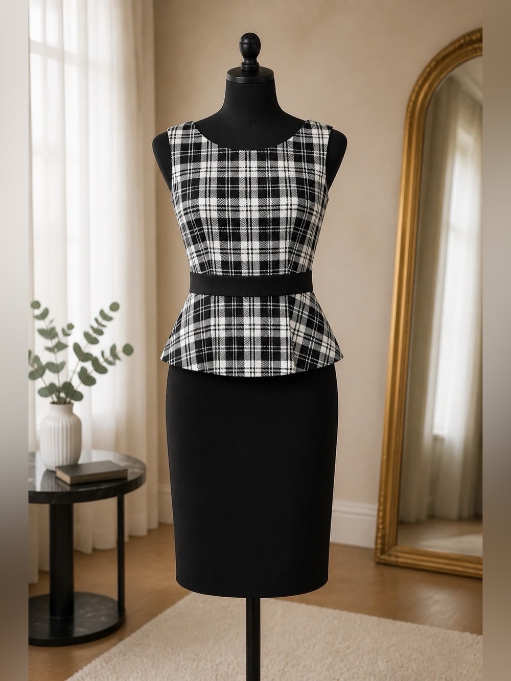 BLACK & WHITE SLEEVELESS DRESS w PEPLUM SIZE 8